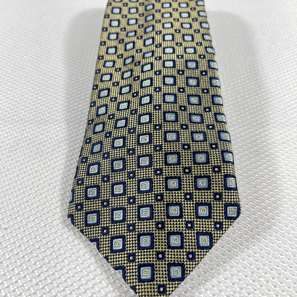 Bruno Piattelli Extra Long Silk Tie Gold Blue Geometric Square Pattern USA Made